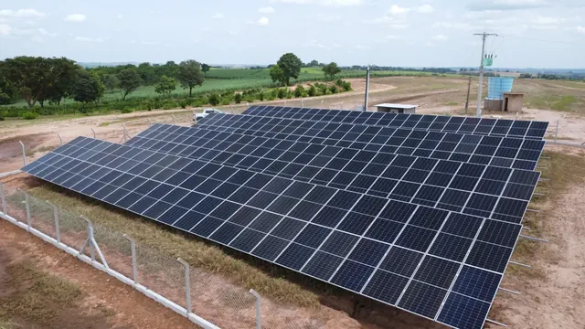Usina fotovoltaica da Linus com cerca de mourões de concreto e canavial ao fundo.